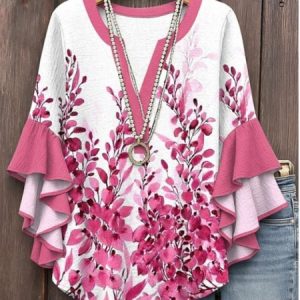 V Neck Half Sleeve Plants Regular Micro-Elasticity Regular Fit Blouse For Women, Blouses, color:Pink|size:3XL, catalog Noracora shop