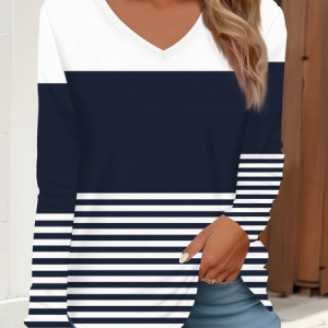Casual Striped V Neck Long Sleeve T-shirt, T-shirts, color:Purplish Blue|size:XXL, catalog Noracora shop