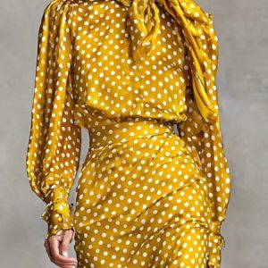 Elegant Polka Dots Printing Lace-up Crew Neck  Blouse, Blouses and Shirts, color:Yellow|size:XXL, Stylewe