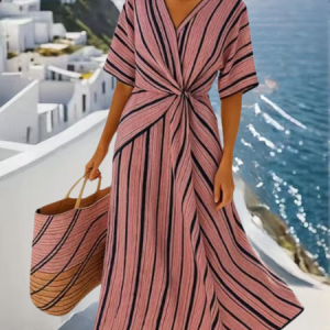 Women Striped Short Sleeve Summer Split Joint Dress V Neck Daily Vintage Maxi Tank A-Line Dress, JustFashionNow Dresses, color:Peach|size:3XL,