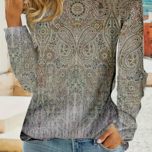 Women Paisley Long Sleeve Tee T-shirt Crew Neck Printing Casual Spring/Fall Graphic Tee Top, JustFashionNow T-Shirts, color:Gray|size:XXL,