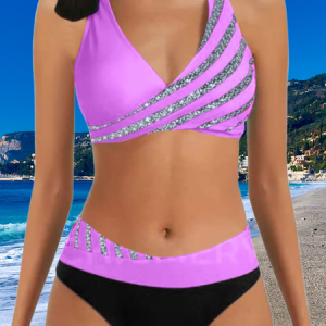 Sexy Two-piece Bikini Swimsuit Women's Striped Sequins Cross Backless Swimsuit, JustFashionNow swimwear>>3 Piece Bikini Sets, color:Purple|size:3XL,
