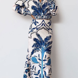 Women Geometric Printing Two-Piece Set Daily Long Sleeve Casual Spring/Fall Top With Skirt Matching Set, JustFashionNow Suit Set, color:Blue|size:3XL,