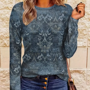 Women Floral Long Sleeve Tee T-shirt Crew Neck Printing Casual Spring/Fall Graphic Tee Top, JustFashionNow T-Shirts, color:Purplish Blue|size:XXL,