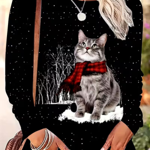 Women Christmas Long Sleeve Tee T-shirt Crew Neck Printing Casual Spring/Fall Graphic Tee Top, JustFashionNow T-Shirts, color:Black|size:XXL,
