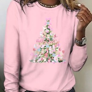 Vintage Floral Crew Neck Long Sleeve T-shirt, T-shirts, color:Pink|size:4XL, catalog Noracora shop