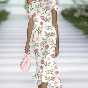 Women Floral Cap Sleeve Summer Printing Dress Cold Shoulder Daily Vintage Maxi H-Line Dress, JustFashionNow Casual Dresses, color:White|size:4XL,