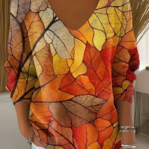 Women Painting Spring/Fall Casual Long Sleeve V Neck Cotton Sweater, JustFashionNow Sweaters, color:Brown|size:4XL,