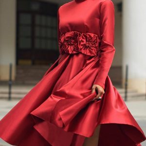 Elegant Plain 3D Floral Stand Collar Knee Length Dress With Belt, Midi Dresses, color:Red|size:XXL, Stylewe