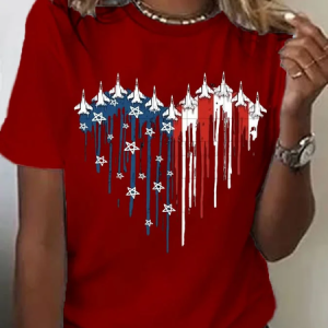Women Independence Day (Flag) Short Sleeve Tee T-shirt Crew Neck Printing Casual Summer Graphic Tee Top, JustFashionNow T-Shirts, color:Red|size:4XL