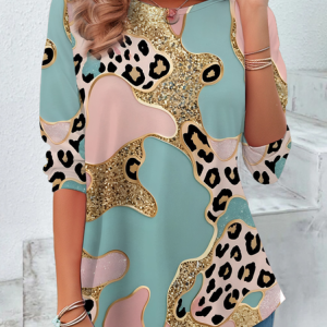 Women Abstract Long Sleeve Tee T-shirt Crew Neck Casual Spring/Fall Tunic Top, JustFashionNow T-Shirts, color:Green|size:XXL,
