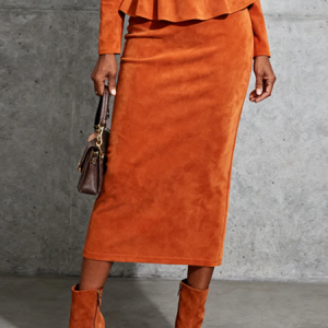 Urban Plain Midi Faux Leather Skirt, Skirts, color:Orange|size:XXL, Stylewe