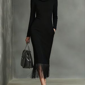 Elegant Plain Tassel Hoodie Midi Dress, Midi Dresses, color:Black|size:XXL, Stylewe