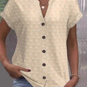 Women Polka Dots Short Sleeve Tee T-shirt V Neck Jacquard Casual Summer Top, JustFashionNow T-Shirts, color:Apricot|size:3XL,
