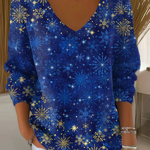 Women Christmas Long Sleeve Tee T-shirt V Neck Printing Casual Spring/Fall Top, JustFashionNow T-Shirts, color:Blue|size:4XL,