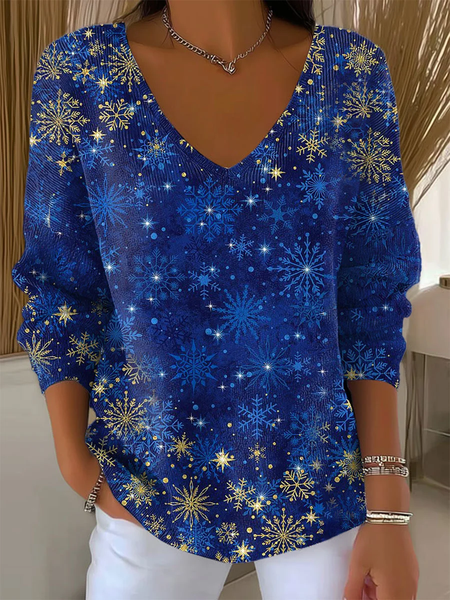 Women Christmas Long Sleeve Tee T-shirt V Neck Printing Casual Spring/Fall Top, JustFashionNow T-Shirts, color:Blue|size:4XL,
