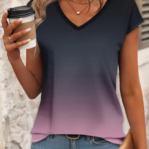 Casual Ombre V Neck Short Sleeve T-shirt, T-shirts, color:As Picture|size:XXL, catalog Noracora shop
