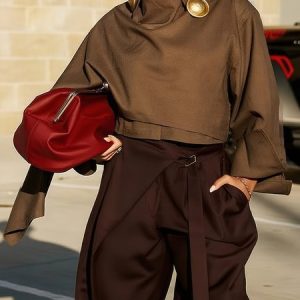 Urban Plain Shawl Collar Blouse, Blouses and Shirts, color:Khaki|size:XXL, Stylewe