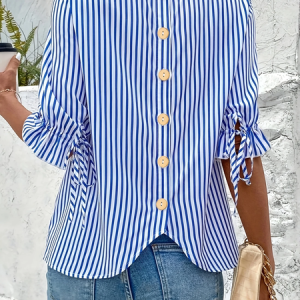 Women Striped Half Sleeve Shirt Summer Crew Neck Daily Vintage Top, JustFashionNow Shirts, color:Blue|size:5XL,