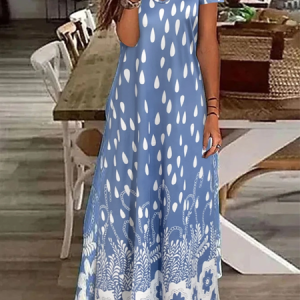 Women Floral Short Sleeve Summer Printing Dress V Neck Daily Casual Maxi X-Line Dress, JustFashionNow Casual Dresses, color:Blue|size:4XL,
