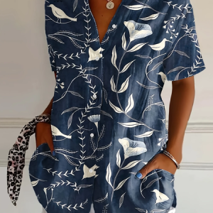 Women Floral Short Sleeve Shirt Summer Printing Shirt Collar Daily Casual Top, JustFashionNow Shirts, color:Purplish Blue|size:5XL,