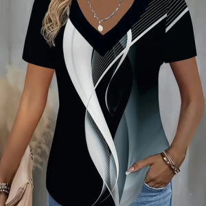 Women Abstract Short Sleeve Tee T-shirt V Neck Printing Casual Summer Graphic Tee Top, JustFashionNow T-Shirts, color:Black|size:4XL,