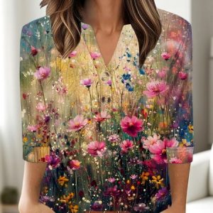 Casual Floral V Neck Three Quarter Sleeve T-shirt, T-shirts, color:Pink|size:4XL, catalog Noracora shop