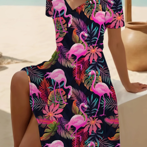 Women Flamingo Short Sleeve Summer Printing Dress V Neck Daily Casual Midi Fit & Flare Dress A-Line Dress, JustFashionNow Casual Dresses, color:Black|size:5XL,