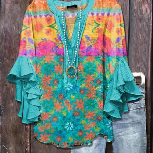 V Neck Half Sleeve Floral Printing Regular Loose Shirt For Women, Blouses, color:Cyan|size:5XL, catalog Noracora shop