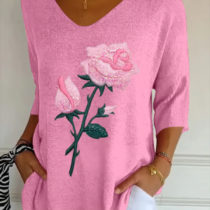 Casual Floral V Neck Three Quarter Sleeve T-shirt, T-shirts, color:Pink|size:5XL, catalog Noracora shop