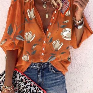 Women Floral Three Quarter Sleeve Shirt Spring/Fall Printing Stand Collar Balloon Sleeve Daily Vintage Top, JustFashionNow Blouses, color:Orange|size:5XL,