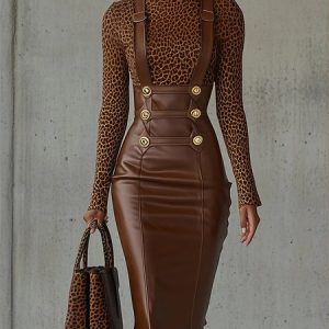 Urban Buttoned Plain Faux Leather Suspender Skirt, Skirts, color:Brown|size:XXL, Stylewe