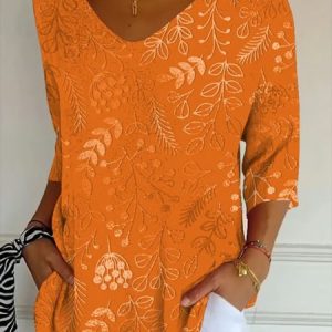Vintage Plant Painting V Neck 3/4 Length Sleeve T-shirt, T-shirts, color:Orange|size:5XL, catalog Noracora shop
