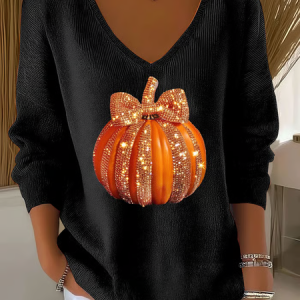 Women Halloween (pumpkin) Long Sleeve Tee T-shirt V Neck Printing Casual Spring/Fall Top, JustFashionNow T-Shirts, color:Black|size:4XL