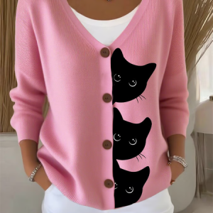 Women Cat Long Sleeve Comfy Casual Cardigan, Sweaters, color:Pink|size:5XL, catalog Noracora shop