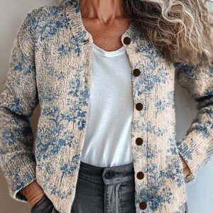 Women Floral Printing Long Sleeve Crew Neck Vintage Spring/Fall Cardigan Outerwear, JustFashionNow Cardigans, color:Apricot|size:5XL,