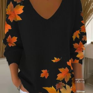 Women Maple Leaf Three Quarter Sleeve Tee T-shirt V Neck Vintage Spring/Fall Top, JustFashionNow T-Shirts, color:Black|size:5XL,