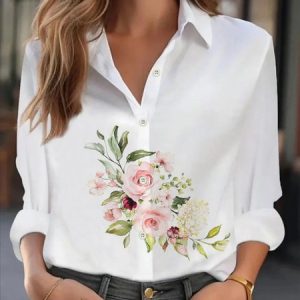 Shirt Collar Regular Sleeve Long Sleeve Floral Buckle Regular Loose Button Up Shirt Shirt For Women, Shirts, color:White|size:XXL, catalog Noracora shop