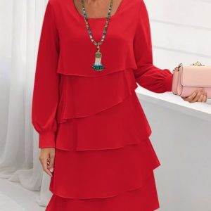 Women Plain Spring/Fall Dress Crew Neck Long Sleeve A-Line Dress, Dresses, color:Red|size:3XL, catalog Noracora shop