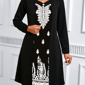 Women Geometric Spring/Fall Dress V Neck Long Sleeve A-Line Dress, Midi, color:Black|size:XXL, catalog Noracora shop