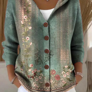 Women Floral Printing Long Sleeve Hoodie Casual Spring/Fall Cardigan Outerwear, JustFashionNow Cardigans, color:Green|size:4XL,
