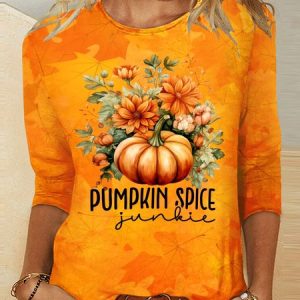 Vintage Plants Crew Neck Long Sleeve T-shirt, T-shirts, color:Orange|size:4XL, catalog Noracora shop