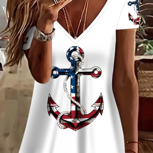 Women Anchor Short Sleeve Tee T-shirt V Neck Printing Casual Summer Graphic Tee Top, JustFashionNow T-Shirts, color:White|size:XXL
