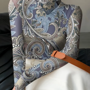 Long Sleeve Paisley Printing Regular Micro-Elasticity Regular Fit Blouse For Women, Blouses, color:Blue|size:XXL, catalog Noracora shop