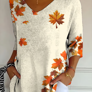 Casual Maple Leaf V Neck Three Quarter Sleeve T-shirt, T-shirts, color:Apricot|size:5XL, catalog Noracora shop