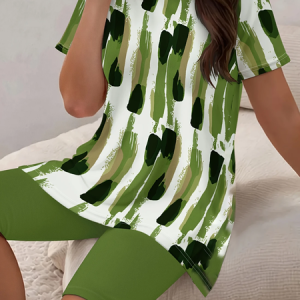 Women Abstract Printing Two-Piece Set Daily Short Sleeve Casual Summer Top With Pants Matching Set, JustFashionNow Suit Set, color:Green|size:XXL,