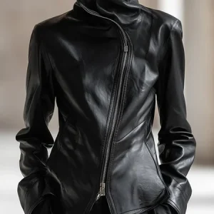 Urban  Zipper Plain Stand Collar Faux Leather Coat, Jackets, color:Black|size:XXL, Stylewe