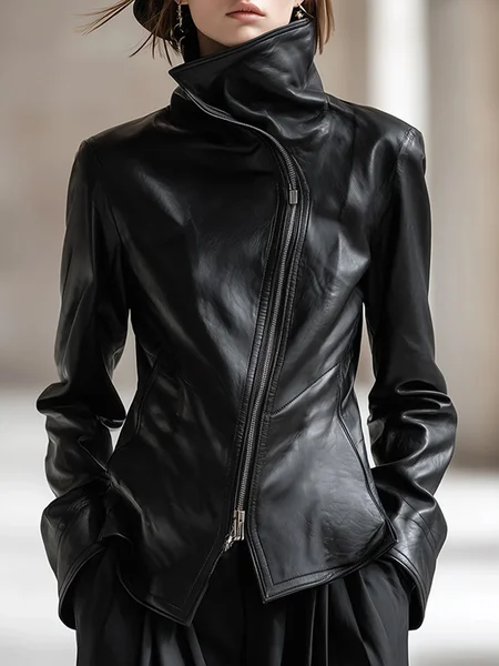 Urban Zipper Plain Stand Collar Faux Leather Coat, Jackets, color:Black|size:XXL, Stylewe