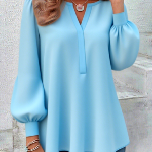 V Neck Long Sleeve Plain Regular Micro-Elasticity Regular Fit Shirt For Women, Shirts, color:Light Blue|size:3XL, catalog Noracora shop