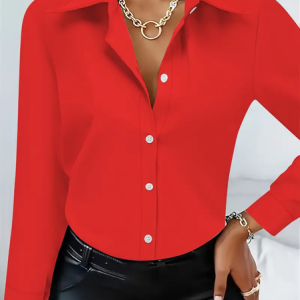 Women Plain Long Sleeve Shirt Spring/Fall Buckle Shirt Collar Regular Sleeve Daily Casual Top, JustFashionNow Shirts, color:Red|size:XXL,